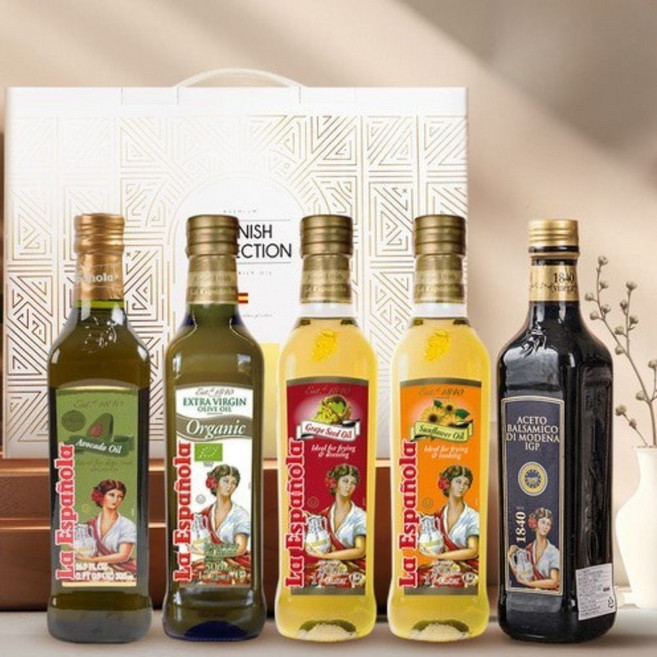 에스파뇰라 유기농 올리브오일 아보카도오일 포도씨유 해바라기유 발사믹식초 선물세트, 5개, 500ml