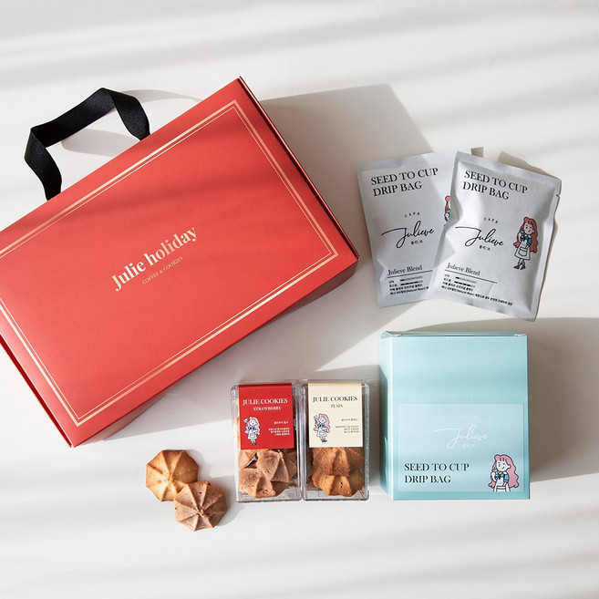 줄리 선물 세트-쇼핑백일체형/버터 수제 쿠키+원두 드립백 커피 어버이날 스승의날 학교 선생님 회사 단체 간식 돌 결혼식 답례품, 180g, 1세트