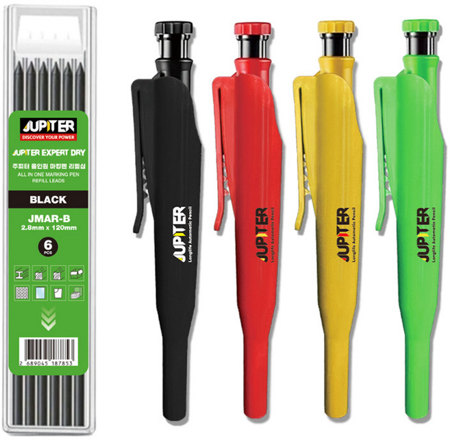 주피터 마킹펜 마커 목공펜 샤프 마킹펜 + 리필 심 세트 빨간색 초록색 노란색 검은색 DIY 산업용 공사용 목공용 피카 페스툴 엑스퍼트 호환 색상랜덤, 주피터마킹펜+주피터 리필심 JMAR-B (블랙) 1팩, 1개