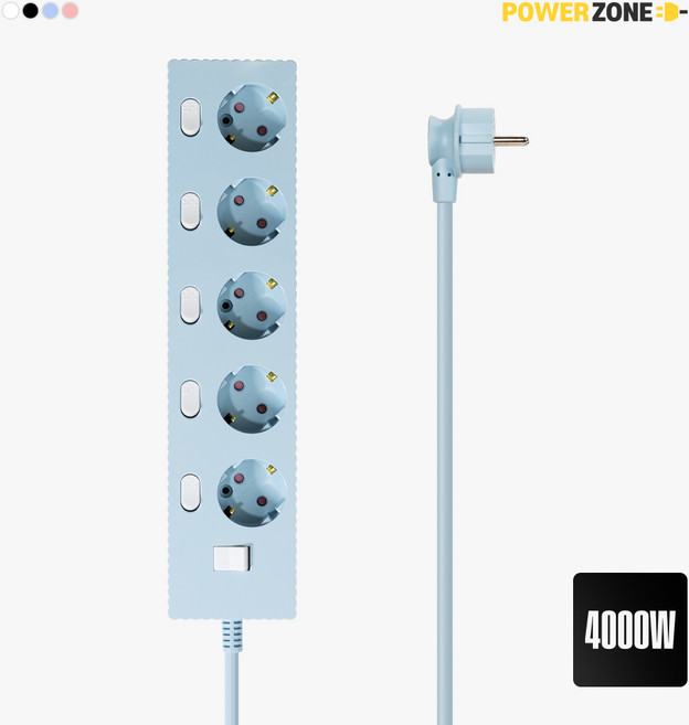 파워존 4000W 고용량 웨이브 개별스위치 과부하차단 5구 멀티탭 콘센트 50cm 1.5m 3m 5m 7m, 개별스위치 5구5m 파스텔블루, 1개