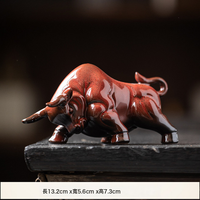 陶瓷紅色牛擺件 牛氣沖天 家居招財裝飾品 辦公室吉祥物 生肖牛禮品, 勢不可擋 小號