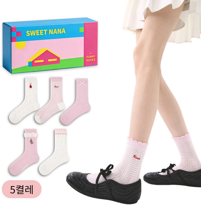 스위트나나 핑크톤 귀여운 리본 동물 캐릭터 양말 5종 세트