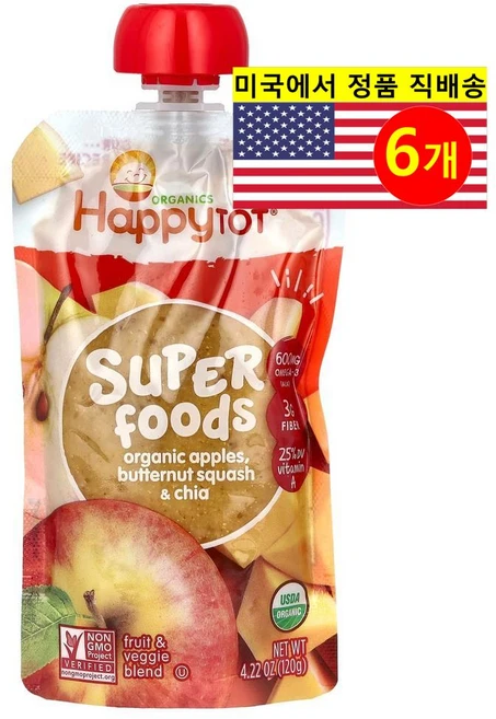 Happy Family Organics 12개월 이상 유아용 4단계 오가닉 과일 곡물 채소 퓨레 이유식 120g 6개 - 쿠팡