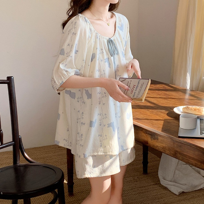 로리돌스 오버핏 여성잠옷. 블루 토끼 봄 여름 홈웨어 파자마세트 반팔 노브라 잠옷