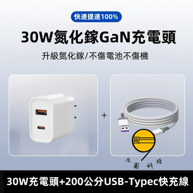九圓科技 30W 氮化鎵 充電頭 升級氮化鎵 不傷電池不傷機 小冰塊 電源供應器 雙插頭 充電頭 充電器 充電頭 支援多種充電協議 快充線, 1個, 30W充電頭+USB-Typec線-2米, N/A