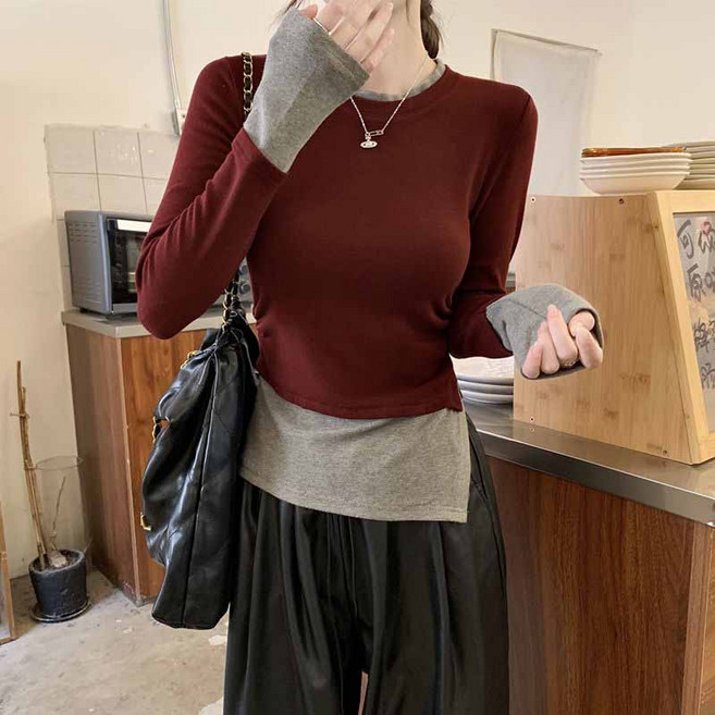 AOKADA 여성 레이어드 슬림 배색 긴팔 티셔츠 크롭티 옆트임 긴팔티