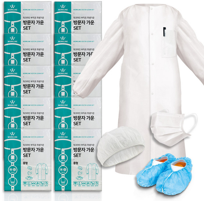 제이앤제이몰 부직포 일회용 방문자가운세트 위생 방역 안전 덧신 마스크 위생모 헤어캡 라운드캡 세트 10매, 10개, 화이트
