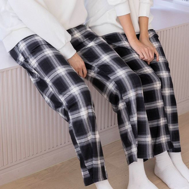 남녀공용 피치기모 일자 와이드 체크 바지
