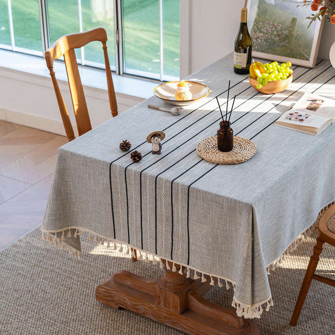 棉麻布藝桌布 亞麻檯布 餐桌布 茶几布 長方形蓋布巾, 豎紋鏈條-灰色,100*160cm, 1個