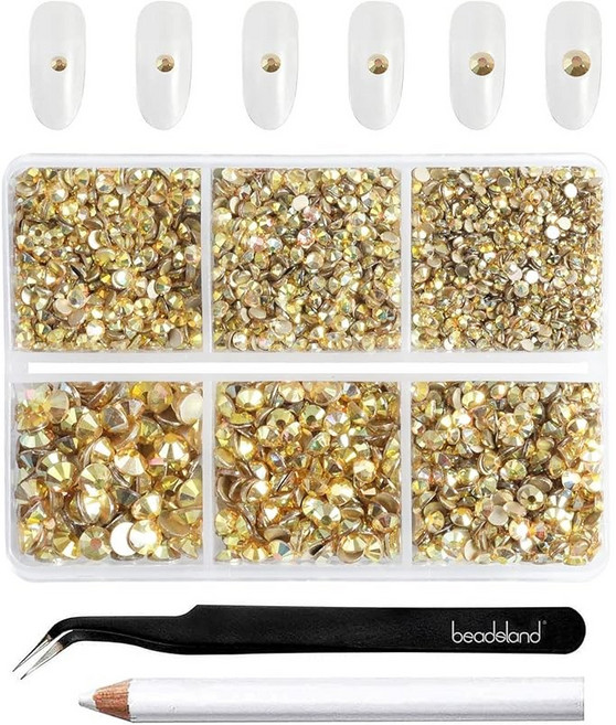 Beadsland(비즈랜드) 플랫백 라인석 유리 라인석 네일 보석 공예용 원형 라인석 혼합 크기 키트 SS6-SS20, 4300개, 금속햇빛
