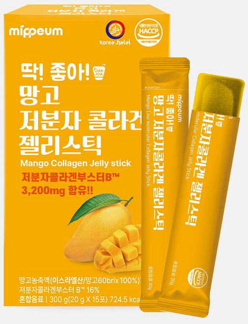 딱좋아 할랄인증 망고 저분자 콜라겐 젤리스틱 15포, 30개, 20g