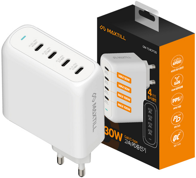 맥스틸 130W 초고속 4포트 멀티 충전기 GaN PPS 개별 100W 50W, GM-TC4CP130, 1개, 화이트