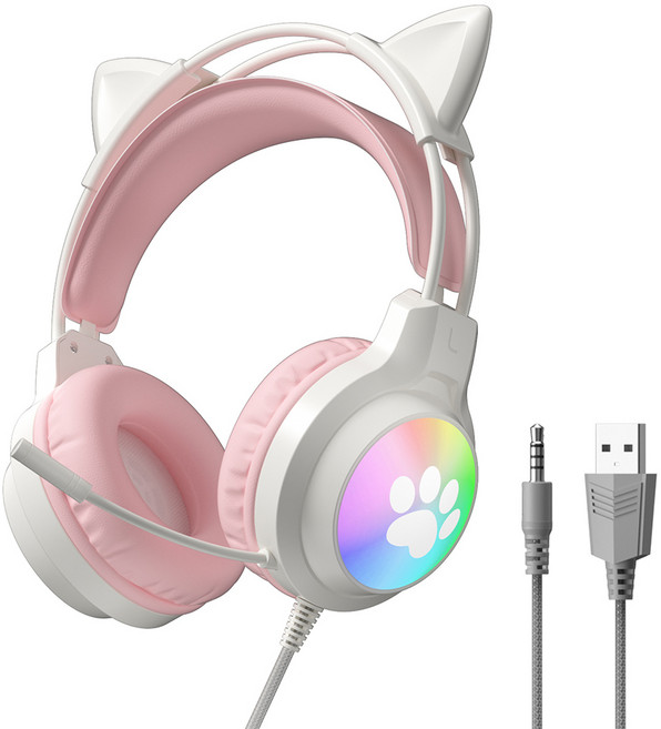 RGB 유선 게이밍 헤드셋 귀여운 디자인 LED 고양이 귀 마이크 탑재, 핑크