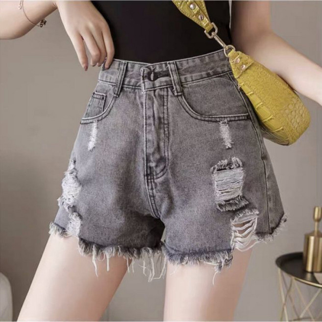 lofei 여름 여성 컷팅 데님 쇼츠 하이웨스트 루즈핏 캐주얼 핫팬츠 LRR033003