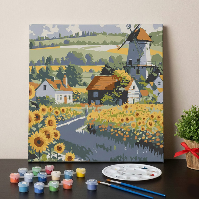 스토리원 U-ALAC-115 풍수지리 인테리어 해바라기 DIY 그리기 피포 페인팅 세트, 1세트, 풍차마을 20*20cm