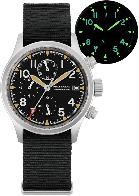 Militado Ml1868KF 시계 VK67 크로노그래프 쿼츠 빛나는 AR 사파이어 크리스탈 100M 방수 39Mm 군용, 05 BK Nylon With Date