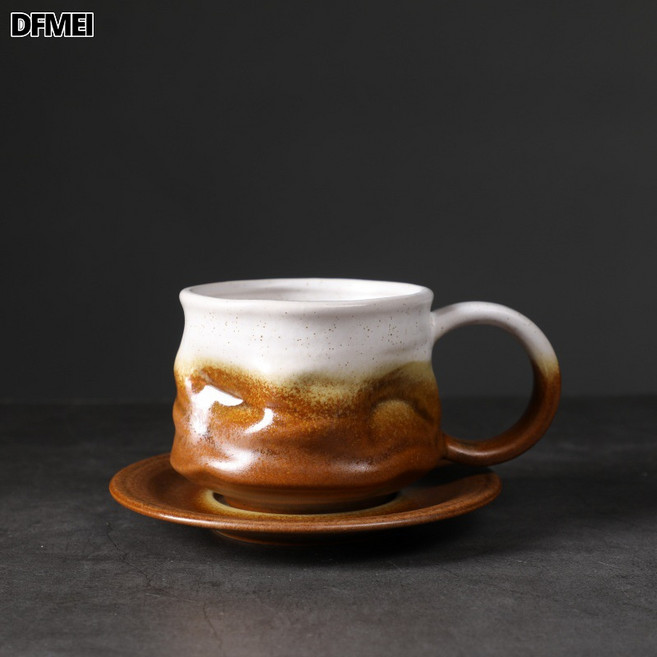 DFMEI 復古陶瓷杯馬克杯風簡約下午茶杯子創意粗陶咖啡杯碟套裝, 1個, 235-B異形弧腹杯+碟(焦黃)240ml:通用