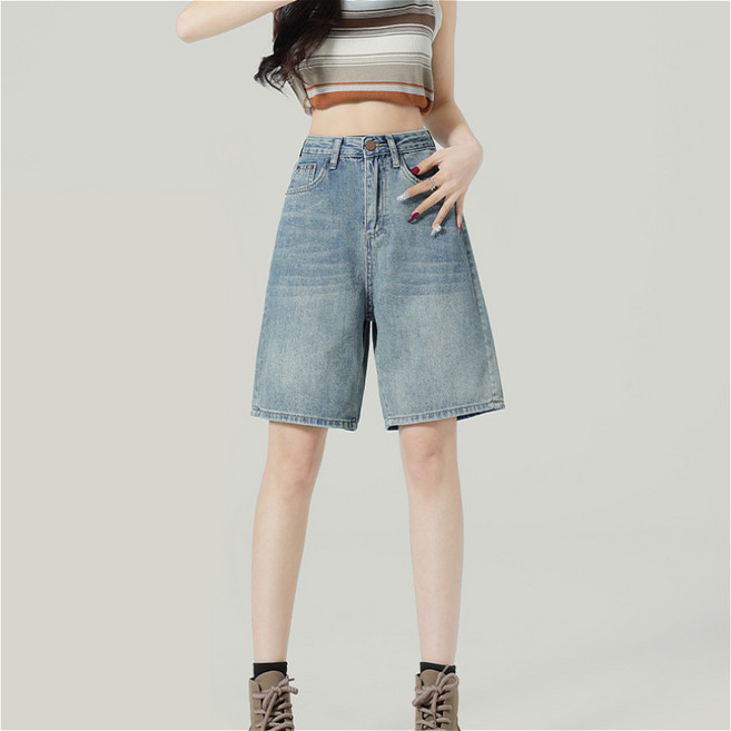 SAHINER 여성 데님 하이웨스트 5부 팬츠 와이드 캐주얼 봄여름