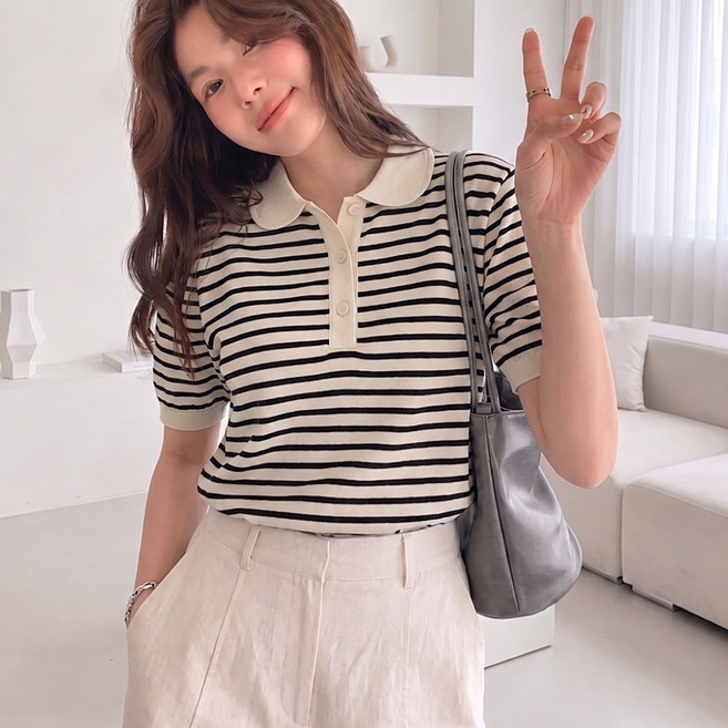 미사813 여성 여름 카라 스트라이프 반팔 티셔츠 단가라 줄무늬 반팔티
