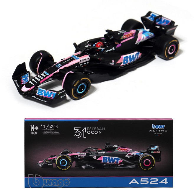 브라고 1:43 BWT Alpine F1 Team A524 (2024) F1 레이싱카 다이캐스트 아크릴케이스 알파인 팀, A524 31번, 1개