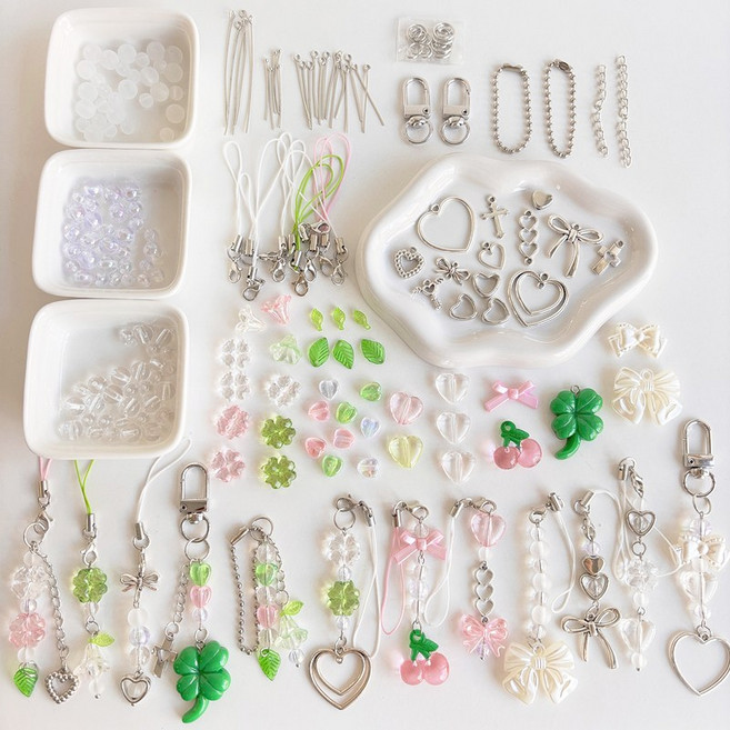 달빛구슬 (12P) 핑크그린 키링만들기세트 y2k 핸드폰줄 DIY 비즈 공예 재료 스트랩, 1세트, 키트+구자말이+니퍼+평집게