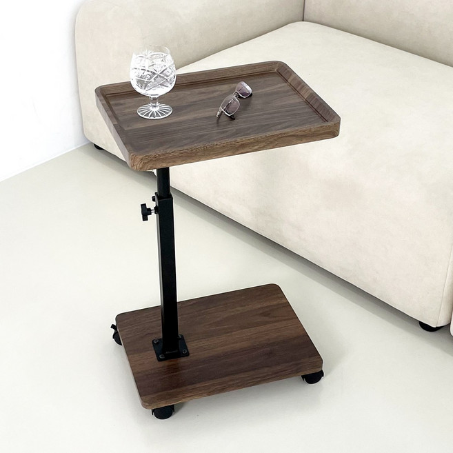 [이엘퍼니처] 클리어 높이조절 360도 회전 이동식 거실 쇼파 사이드테이블 고급형 침대옆 간이 보조테이블, 오크