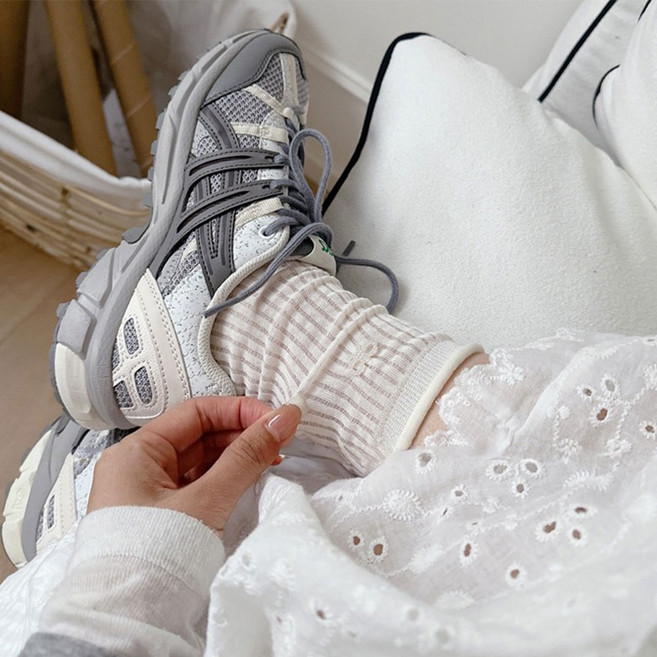 Banjiwu 여성 양말 리본 봄여름 양말 장목 양말 중장 운동 패션 흰양말 면양말 5족 세트