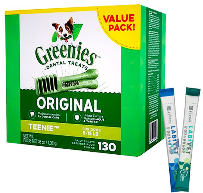 그리니즈 오리지널 티니 몬스터백 1.02kg 130P 강아지 덴탈껌+ 라비벳 유산균 2P, 1개, 1개