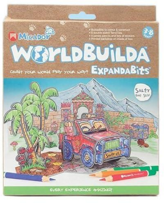 Micador jR. WorldBuilda ExpAND &aBits Salty THE 더 SUV - 다이 컷 모양 캐릭터 + 스티커 색연필 4개 색상 빌드 플레이 운동 기술