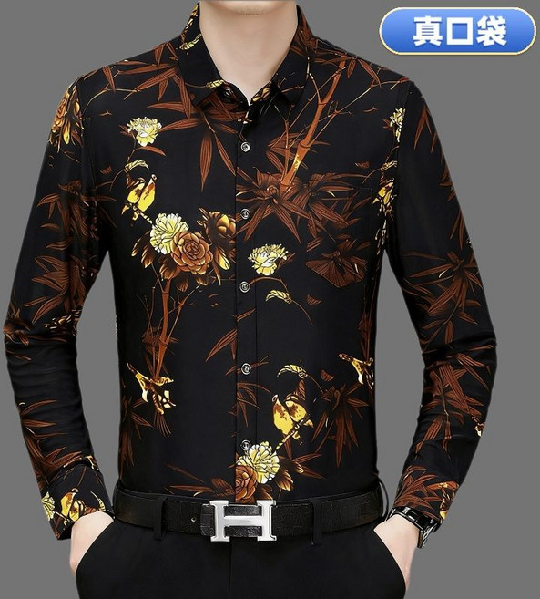 男士長袖花襯衫 時尚滿印花 修身免燙, 1個, 滿印棕咖竹170/88A 110-130斤