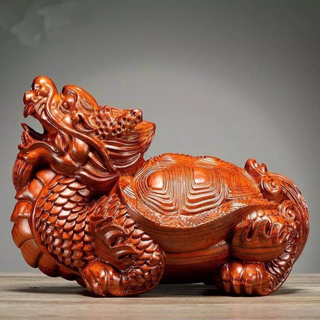 黑檀木龍龜擺件，實木龍頭龜玄武家居辦公裝飾, 花梨精雕龍龜擺件【長8cm】