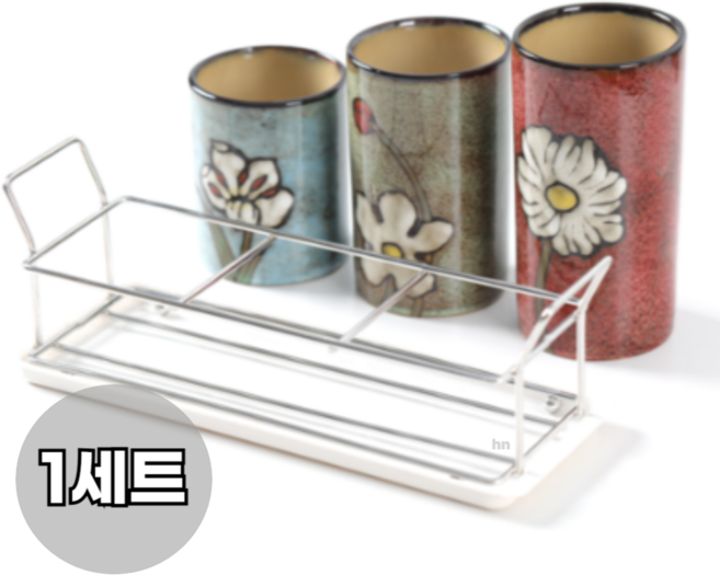 로얄에식스 소담 도자기 3단 물받이 수저통 3종 + 스텐 와이어 + 물받이 세트, 3종색상(레드+그린+스카이블루), 1세트