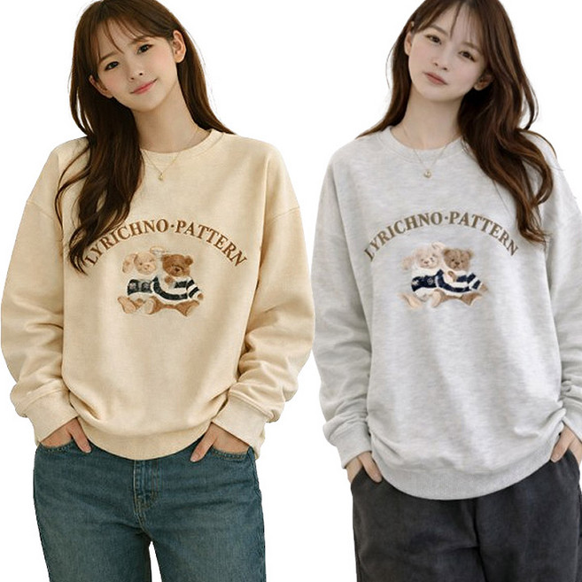 후쿠호 1+1 여성용 리리크노 맨투맨 기본핏 데일리 캐주얼 티셔츠