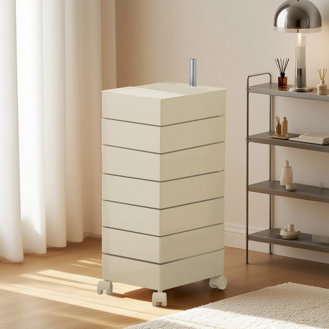 [리비니아] 무브 360도 회전 7단 이동식 트롤리 웨건 서랍수납장 틈새장 5Colors, 아이보리