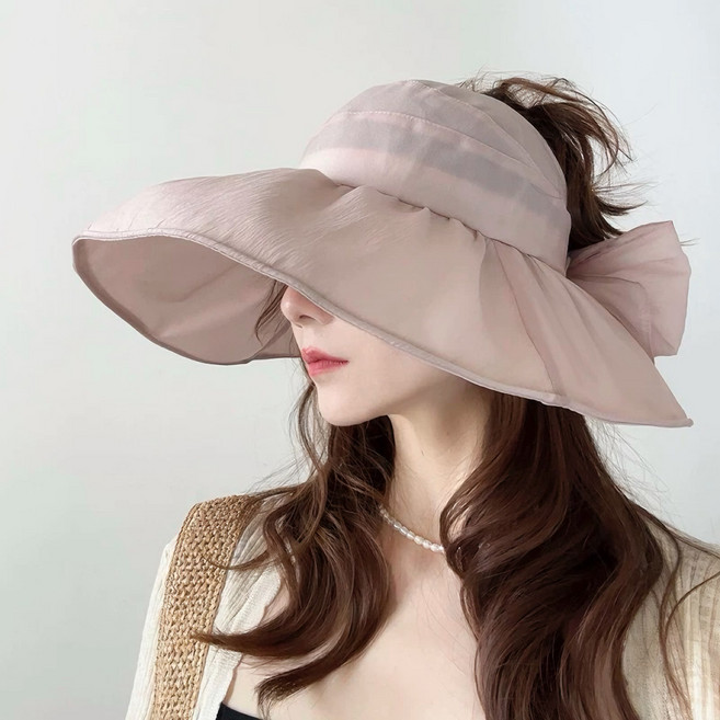 HALOPICK 여성용 쉬폰 리본벨크로 자외선차단 햇빛가리개 나들이 큰챙 썬바이저모자