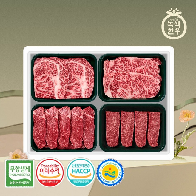 [녹색한우] 무항생제 1+등급 한우선물세트 구이 5호 1.2kg (등/채/안/특), 1세트