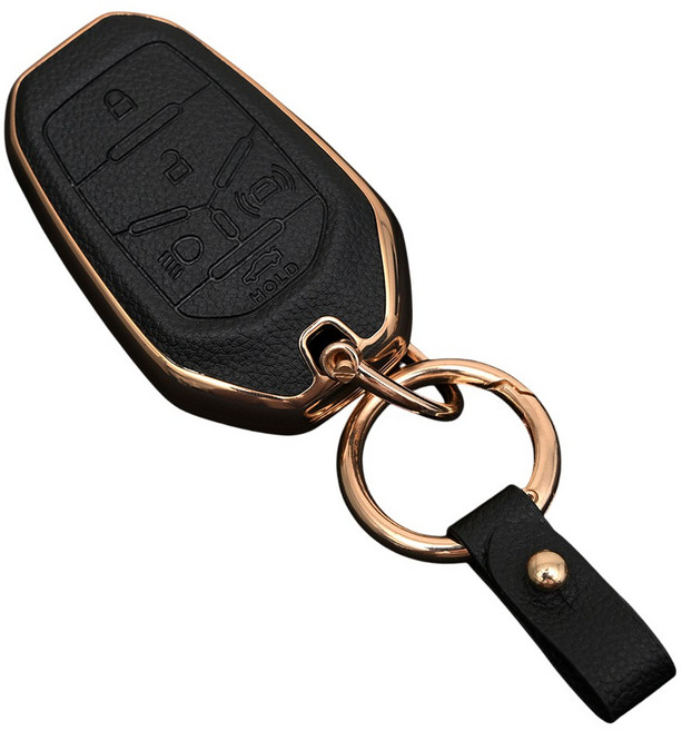 쌍용 올뉴 G4 렉스턴 호환 TPU 프리미엄 가죽 자동차 스마트 키 케이스 키홀더, 5버튼TL58, 블랙골드