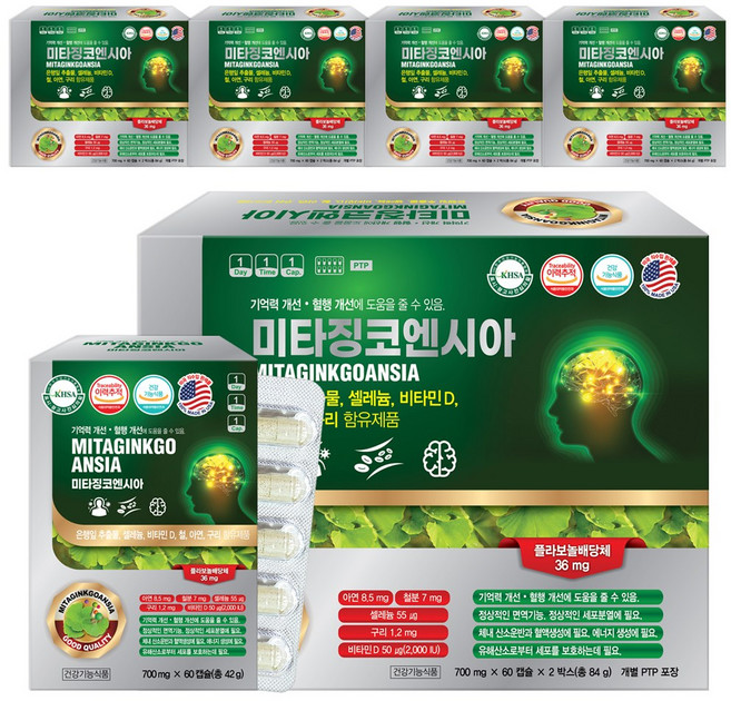 미국 미타징코엔시아 120캡슐X5박스 은행잎추출물 영양제 셀레늄 코엔자임Q10, 120정, 5개