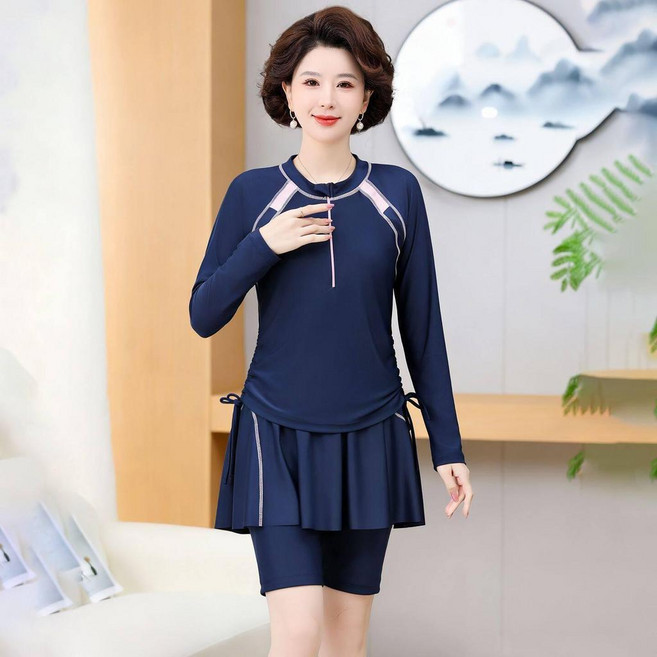 媽媽泳衣中老年女保守分體運動遮肚顯瘦長袖防曬大碼泡溫泉泳裝, 3507-藏青（速乾親膚）,4XL140-165斤