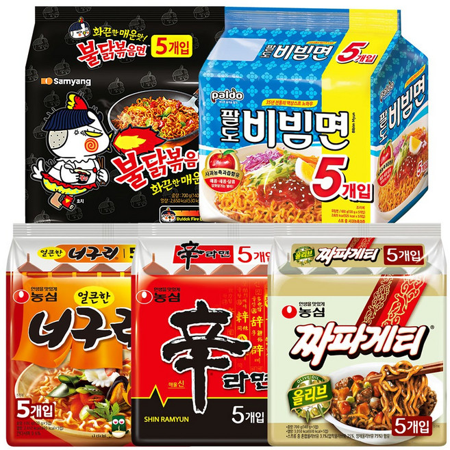 멀티세트 신라면5+너구리5+짜파게티5+불닭볶음면5+팔도비빔면5, 1세트