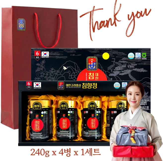 대한고려홍삼 침향정 4병 6년근 홍삼 침향 함유 흑홍삼 농축액 부모님 선물 건강즙 선물세트, 960g, 1세트