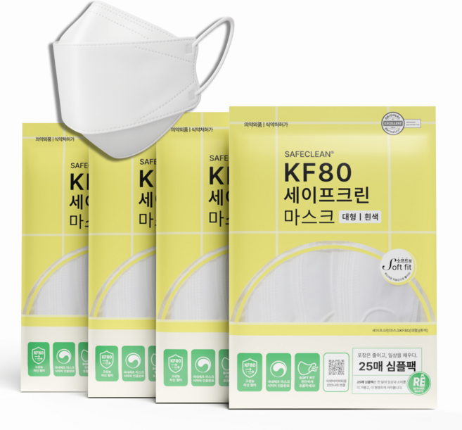 국산 세이프크린 KF80 대형 여름용 귀안아픈 숨쉬기편한 일회용 황사 미세먼지 마스크, 화이트(100장), 4세트, 25개입