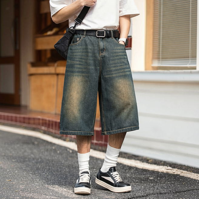 HANYO 데일리 와이드 워싱 데님 남녀공용 캐주얼 버뮤다 팬츠 반바지