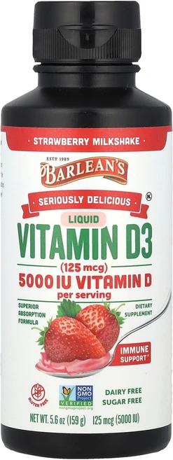 Barlean's Seriously Delicious 액상 비타민D3 딸기 밀크셰이크 125mcg(5 000IU) 159g(5.6oz) Barlean's (발린스), Barlean's, Seriously Delicious, 1개, 159g - 쿠팡