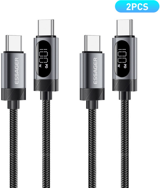 Essager 디스플레이 PD 100W C타입 초고속충전 케이블 2개입 아이폰 16 충전지원, 2개, 회색, 2m