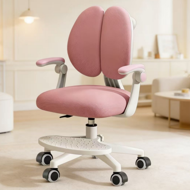 홈잼 인체공학 높이조절 학생 의자 등받이 자세교정 초등학생 중학생 책상의자 발받침 회전의자, 핑크블러썸