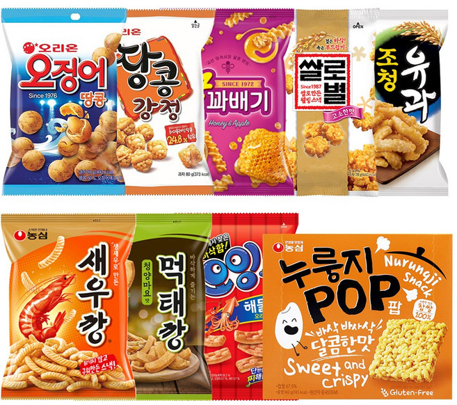 과자선물세트 5호 오징어땅콩+땅콩강정+꿀꽈배기+쌀로별+조청유과+새우깡+먹태깡+오잉+누룽지팝 각1개씩, 1개