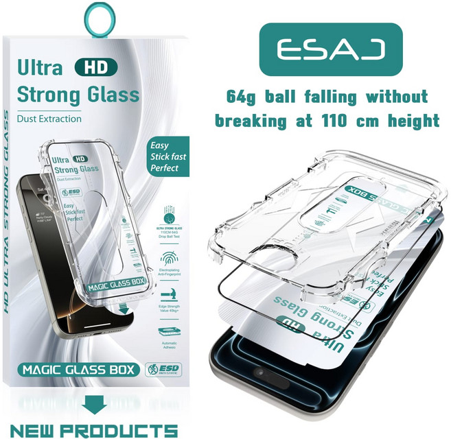 에삭 고투명 초강력 강화유리 휴대폰 액정보호필름 매직핏 클리어 1매, 1세트