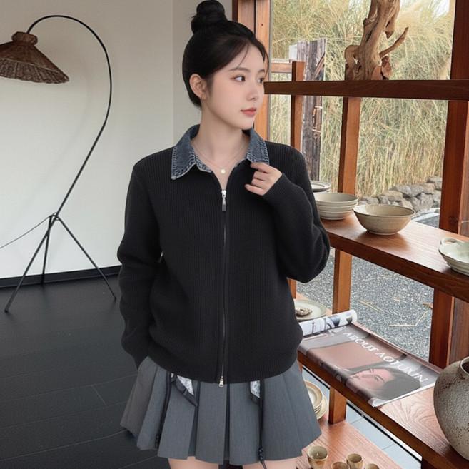 여성용 데님 배색 카라 투웨이 집업 니트 골지 레이어드 긴팔 가디건