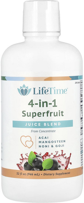 라이프타임 Life's basic 4-In-1 슈퍼프루트 주스 블렌드 아사이 망고스틴 노니 앤드 고지 946ml (32온스), 1개